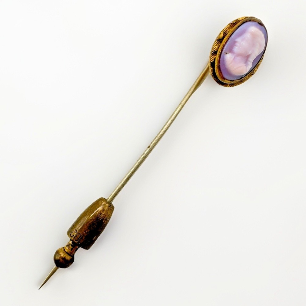 Antique Victorian Stick Pin Lavender Glass Cameo Hat Pin Safety Cap